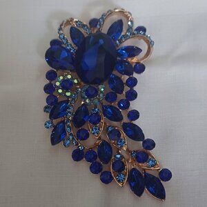 Beautiful 4" Blue Rhinestone Brooch
